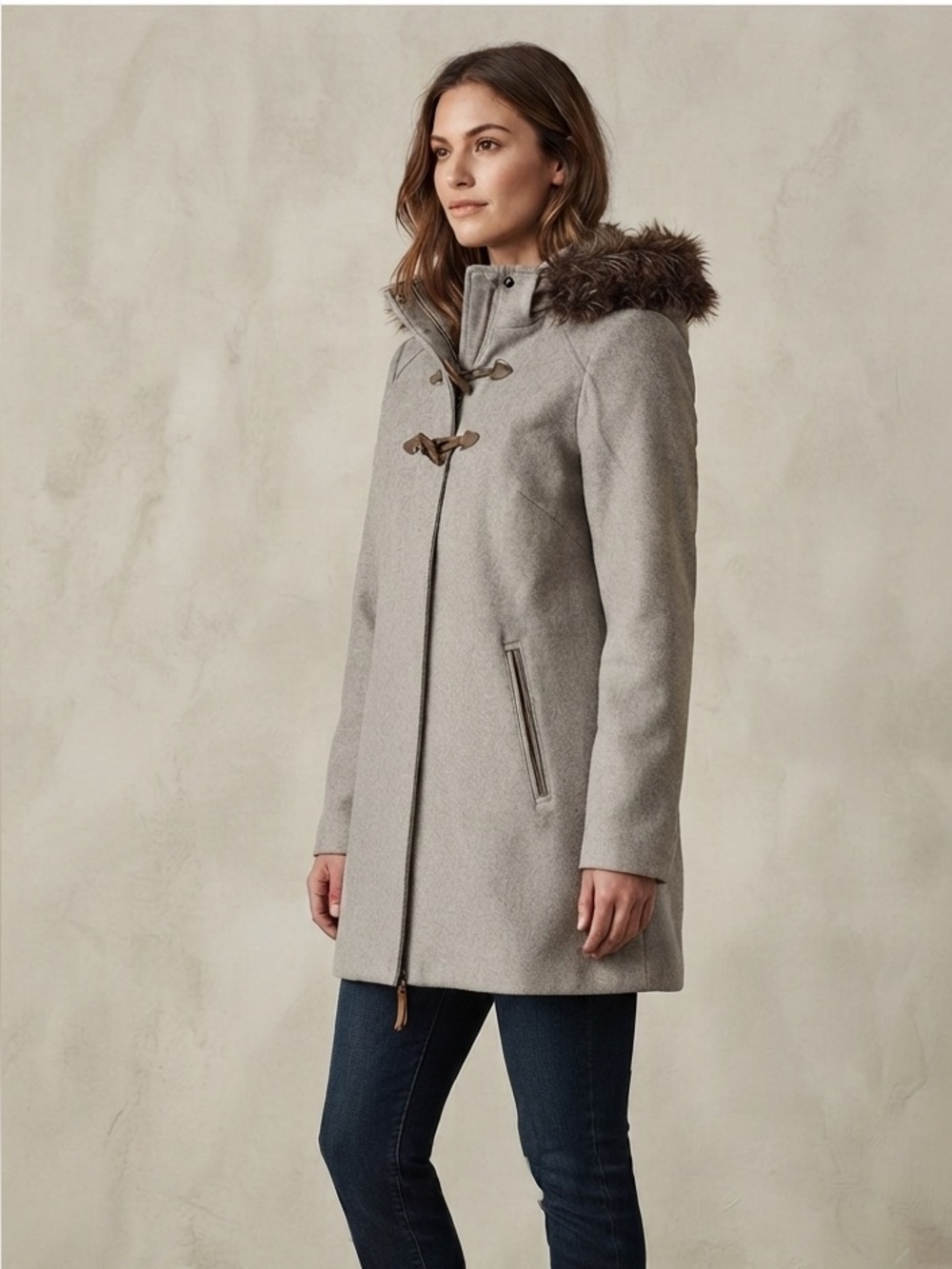 Gray Wool Winter Coat with Faux Fur Hood